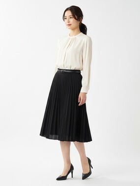 MISOOK Black Pleated Midi Skirt Work Party Business SP S Petite Designer Luxury